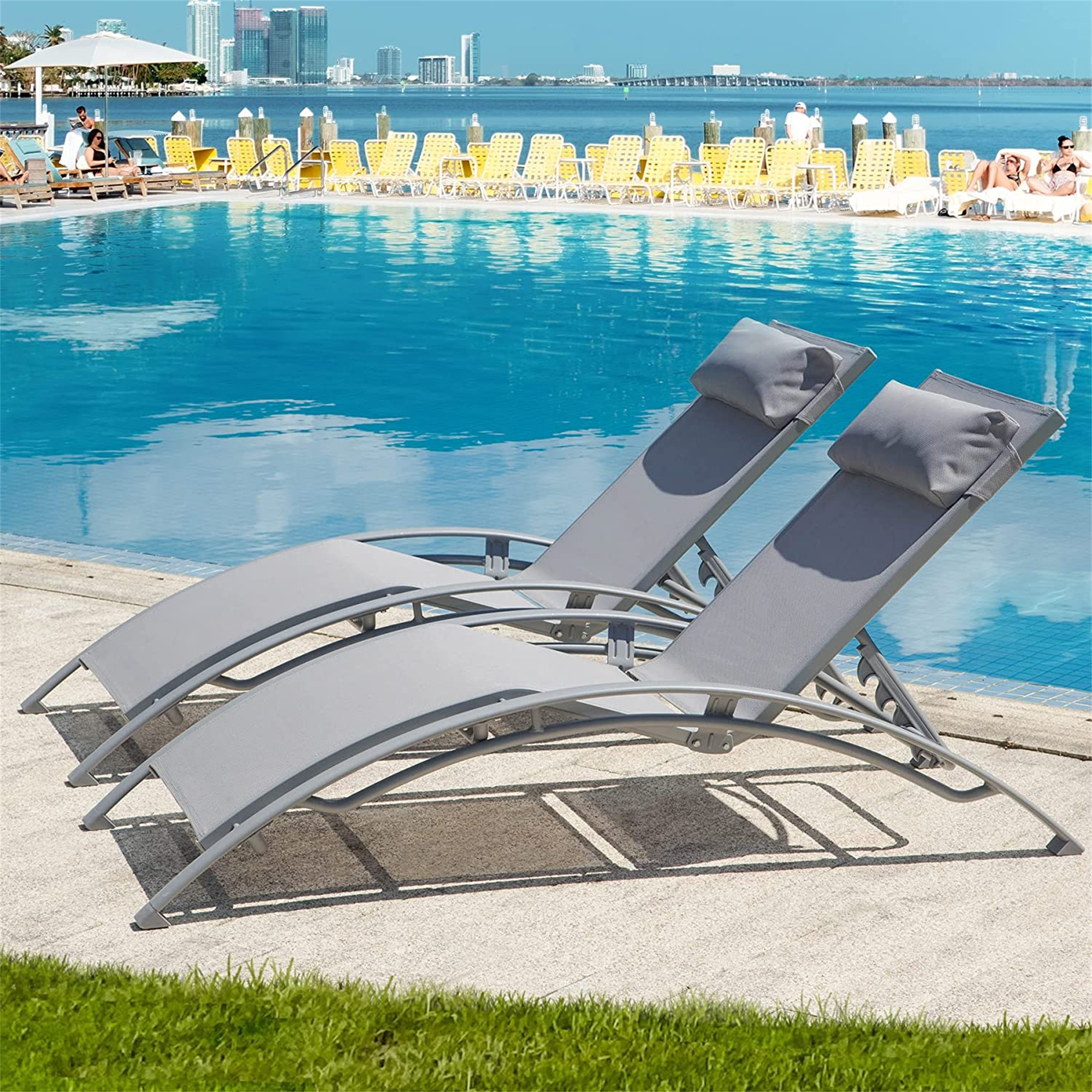 Outdoor Chaise Lounge Set of 2 Patio Recliner Chairs with Adjustable Backrest and Removable Pillow for Indoor&Outdoor Beach Pool Sunbathing Lawn (Gray, 2 Lounge Chairs) Doba